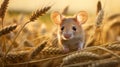 Surreal Mouse In Wheat Field: Fantastic Villagecore Animal Portrait Royalty Free Stock Photo