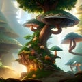 Surreal mushroom landscape. Dreamy fantasy mushrooms in a magical forest. Fantasy wonderland landscape. Fairy castle Royalty Free Stock Photo