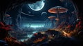 surreal mushroom landscape, fantasy wonderland landscape with mushrooms moon Royalty Free Stock Photo