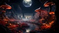 surreal mushroom landscape, fantasy wonderland landscape with mushrooms moon. Alice. generative ai Royalty Free Stock Photo