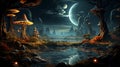 surreal mushroom landscape, fantasy wonderland landscape with mushrooms moon. Alice. generative ai