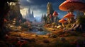 surreal mushroom landscape, fantasy wonderland landscape with mushrooms moon Royalty Free Stock Photo