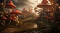 surreal mushroom landscape, fantasy wonderland landscape with mushrooms moon