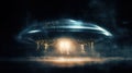 Surreal mysterious UFO with glowing lights landing on a dark field. Generative AI