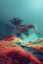 Surreal nature landscape in blue and red colors, tropics, mountains, Royalty Free Stock Photo