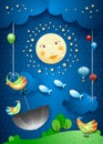 Surreal night with full moon, flying umbrella and fishes