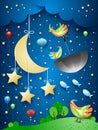 Surreal night with hanging moon and stars, flying umbrella and fishes