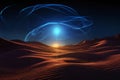 surreal night landscape, blue light shapes on the background of the starry sky at night, red hills like dunes Royalty Free Stock Photo