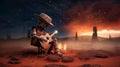 Surreal night scene with a robot cowboy sitting in a Martian landscape and playing the guitar