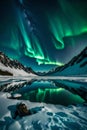A surreal night sky ablaze with the Northern Lights over a frozen wilderness,