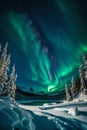 A surreal night sky ablaze with the Northern Lights over a frozen wilderness, reflecting in a crystal-clear glacial lake