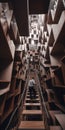 A surreal nightmare, man climbing up infinite stairs in a building. AI generative image. Royalty Free Stock Photo