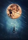 Surreal nightscape with a boy sways on a swing hanging from the full moon. Beautiful starry night with falling comets. Fantasy and Royalty Free Stock Photo