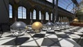 Surreal oprganic spheres in steampunk victorian interior. 3D rendering Royalty Free Stock Photo