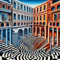 Surreal optical illusion architecture, with endless staircase courtyard, 3D Royalty Free Stock Photo