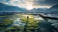 Surreal Organic Landscape: A Person Walking Across A Northern Chinese Lake At Sunset