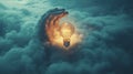 Giant hand cradling light bulb in swirling clouds, AI-generated Royalty Free Stock Photo