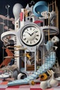 Surreal painting featuring a large clock with a staircase. AI-generated.