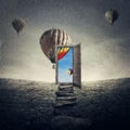 Surreal painting of a imaginary door to another, better world. Pathway along a desolate field leading to an open doorway showing a Royalty Free Stock Photo