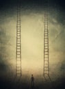 Surreal painting with two identical ladders leading up to the sky. Stairway to heaven, choice concept. Failure and success,