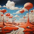 surreal paintings of an alien landscape, with a bunch of red objects growing and a winding path, generative ai