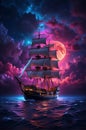 ship in the night sky ocean sea moon, Ai Generated