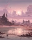 Surreal Pastel Lake in Post-Apocalyptic Landscape