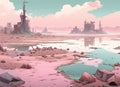 Surreal Pastel Lake in Post-Apocalyptic Landscape