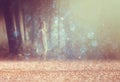 Surreal photo of young woman standing in forest. image is textured and toned. dreamy concept. Royalty Free Stock Photo