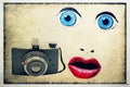 Antique 35mm Film Camera with Painted Eyes, Nose and Lips