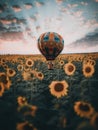 A surreal picture of hot air balloon flying over a field of sunflowers. AI generative image. Royalty Free Stock Photo