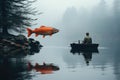 Surreal picture, a man in a boat with a big fish above the water, AI Royalty Free Stock Photo