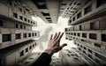Surreal picture, a person reaching up into a tall building. AI generative image.
