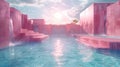 Surreal pink architecture with waterfalls and reflective pool Royalty Free Stock Photo