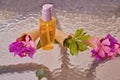 Surreal pink bougainvillea flowers in an ice cream cone and mock up of cosmetic oil Bottle Mock-Up. Natural beauty Royalty Free Stock Photo