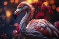 Surreal pink flamingo in a night blooming garden with flowers, AI Generated
