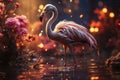 Surreal pink flamingo in a night blooming garden with flowers, AI Generated