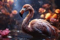 Surreal pink flamingo in a night blooming garden with flowers, AI Generated