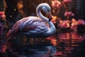 Surreal pink flamingo in a night blooming garden with flowers, AI Generated