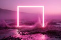 Surreal pink neon frame on a mystical landscape with splashing water, suitable for creative advertising, music albums