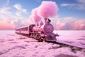 Surreal pink train on the tracks with pink smoke and clouds in the background