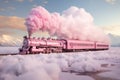 Surreal pink train on the tracks with pink smoke and clouds in the background