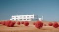 Surreal pink trees and a house in the middle of a dry grass field under a clear blue sky Royalty Free Stock Photo