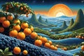 Surreal Planet Composed of Interlocking Fruits - Oranges Fused with the Surface, Resembling Rolling Hills