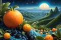 Surreal Planet Composed of Interlocking Fruits - Oranges Fused with the Surface, Resembling Rolling Hills