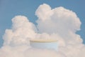 Surreal podium outdoor on blue sky soft white clouds with space.Beauty cosmetic product placement pedestal present stand minimal Royalty Free Stock Photo