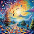 Surreal Pointillism: Floating Chessboard and Whimsical Creatures in a Dream-like Landscape Royalty Free Stock Photo