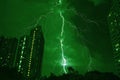 Incredible Lightning Strikes in Emerald Green Urban Night Sky