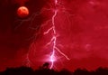 Powerful Lightning Strikes in the Bloody Red Night Sky with a Spooky Full Moon