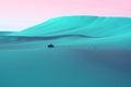 Surreal pop art styled turquoise blue colored sand dunes and running dune buggy under pinkish sky Royalty Free Stock Photo